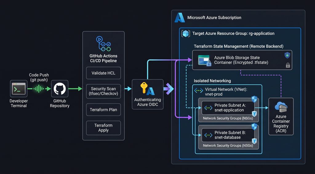 Terraform Azure remote backend state and GitHub Actions CI CD pipeline diagram